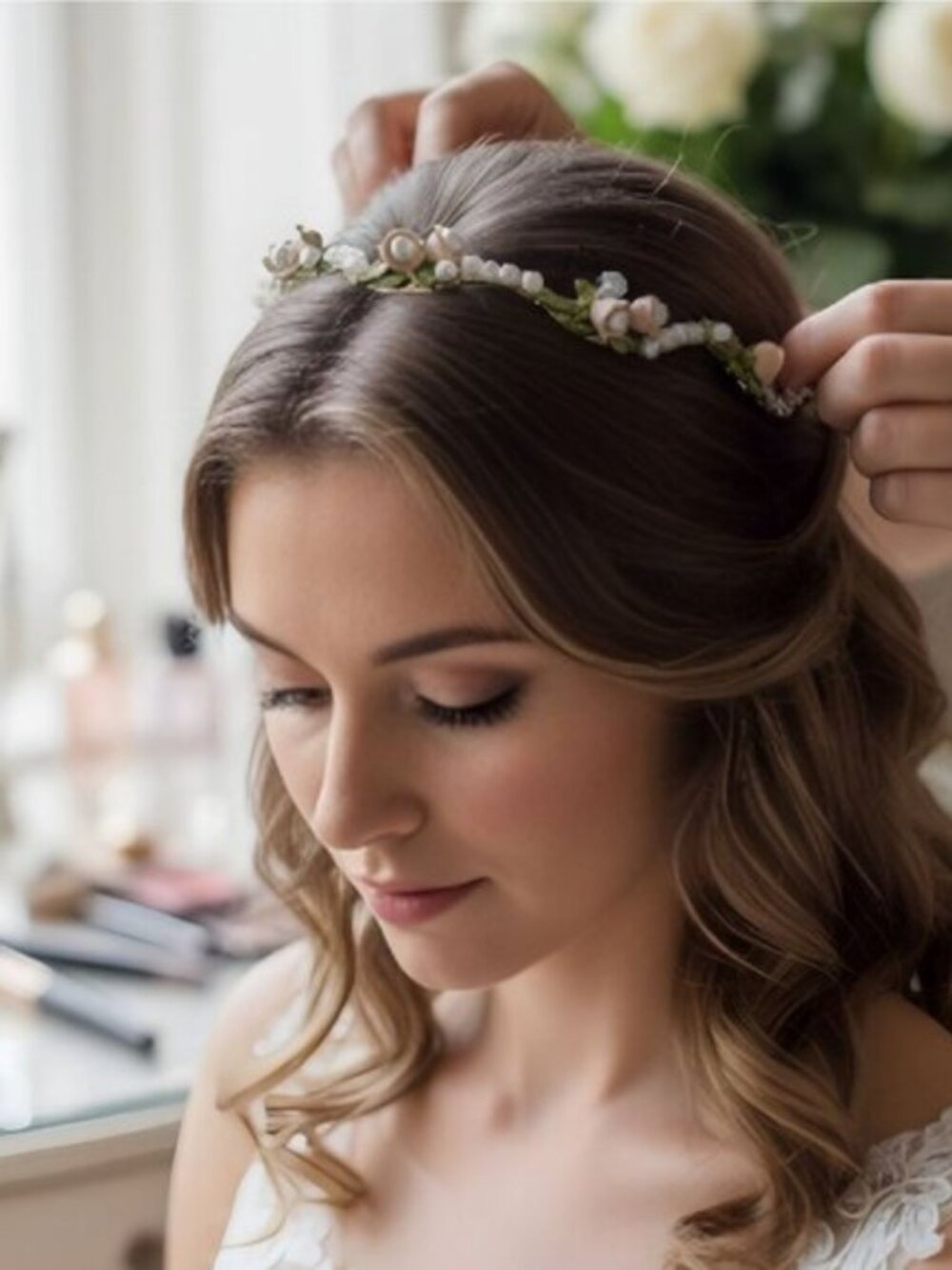 Wavy Gold Floral Headband ✦ Pink Flowers Pearls ✦ Bridal Weddings Prom Formal